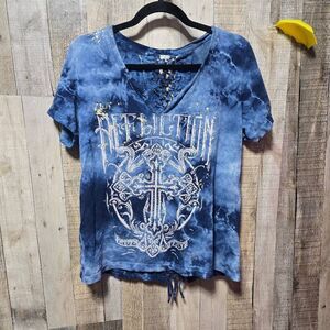 Affliction Madrigal Blue Tie Dye Cross Embellished McBling Tee XL Moto Alt Biker